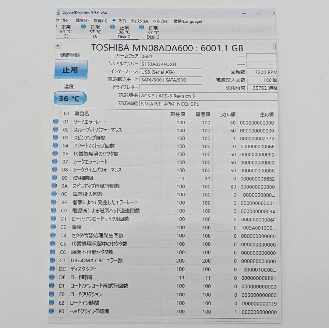 TOSHIBA MN08ADA600 NAS向けHDD 6TB×2台
